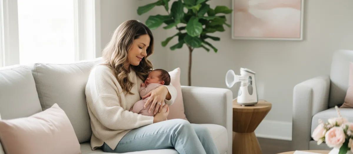 Tennessee mom with baby using breast pump at home